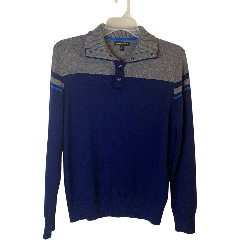 Banana Republic Mens Large Blue Grey Merino Wool Blend 1/4 Snap Pullover Sweater